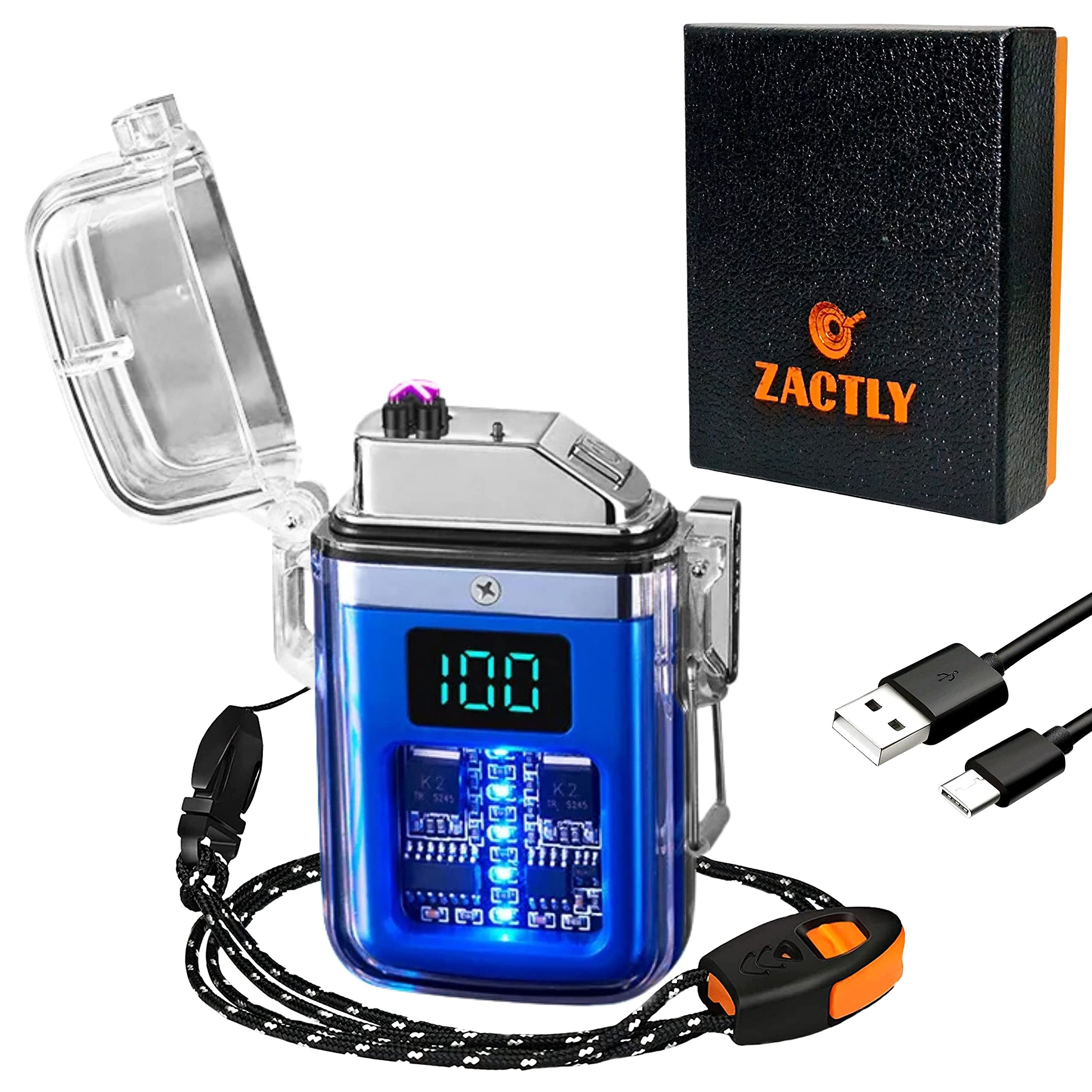 Zactly AL12 Transparent Electric USB C Rechargeable Plasma Candle Lighter LED Digital Display Dual Arc Waterproof Windproof, Whistle, Lanyard, Camping Outdoor Survival Tool (BLUE)