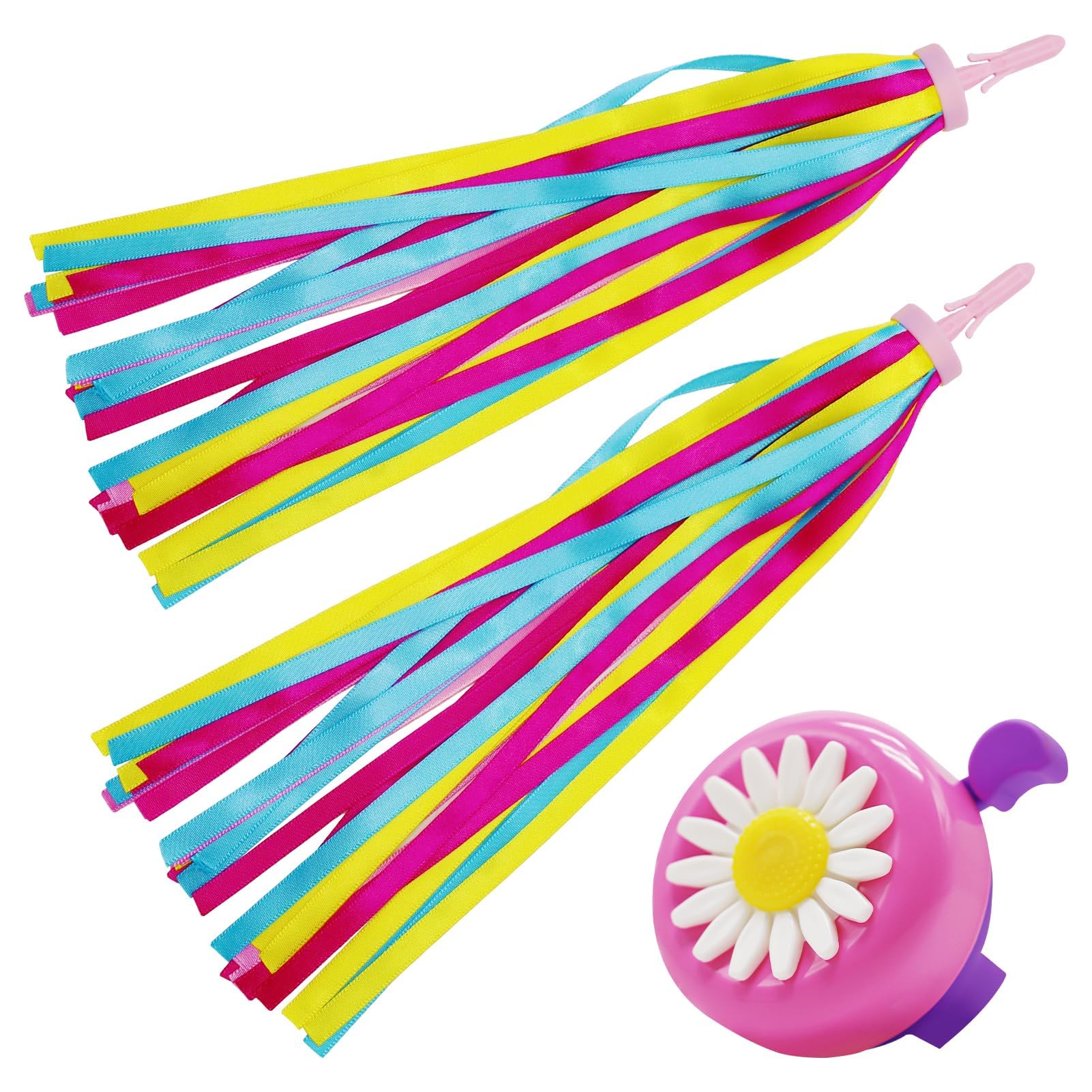 REBECASKYENS 2 Pack Girls Bike Tassels With 1 Pcs Bell Set, Loud Crisp Clear Sound,Flower Bicycle Bell,Rainbow Streamers for Children's Bike,Ribbons Kid's Scooter Tassels