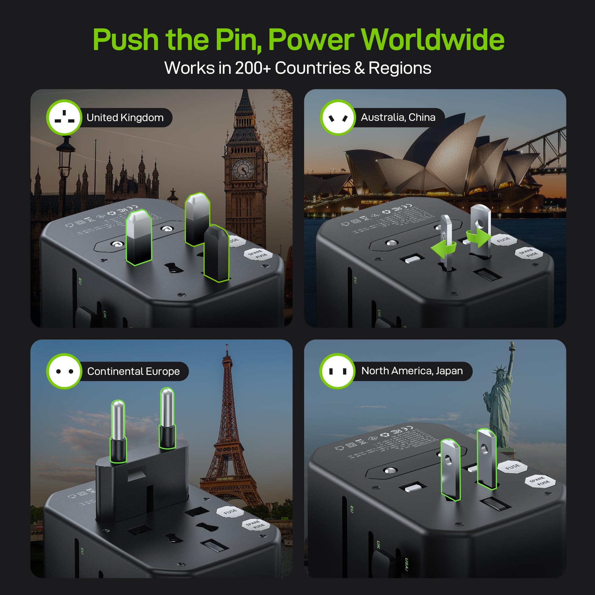 EPICKA Pulse 45W European Travel Plug Adapter, Universal Power Adapter with PD Fast Charging, 5-Port (1 AC/2 USB-A/2 USB-C) International Charger Adapter for Europe, Japan - Travel Essentials (Black)