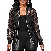 OYOANGLE Women's Lace Long Sleeve Bomber Jacket Stand Collar Sheer Zip Up Jackets Outwear