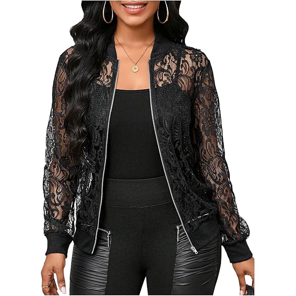 【1度着用】acka lace sleeve jacket Amazon.com: LASCANA Women's Floral Lace Zip Jacket, Semi