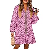 Wenrine Womens Long Sleeve Casual Mini Dress Floral V Neck Ruffle Loose Fall Boho Babydoll Dresses with Pockets