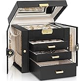AKOZLIN 4-Tier Jewelry Box Leather Jewelry Storage Organizer with 3 Drawers Lockable for Women Girls Ring Necklace Earring Bracelet Holder with Mirror Black