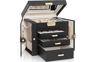AKOZLIN 4-Tier Jewelry Box Leather Jewelry Storage Organizer with 3 Drawers Lockable for Women Girls Ring Necklace Earring Bracelet Holder with Mirror Black