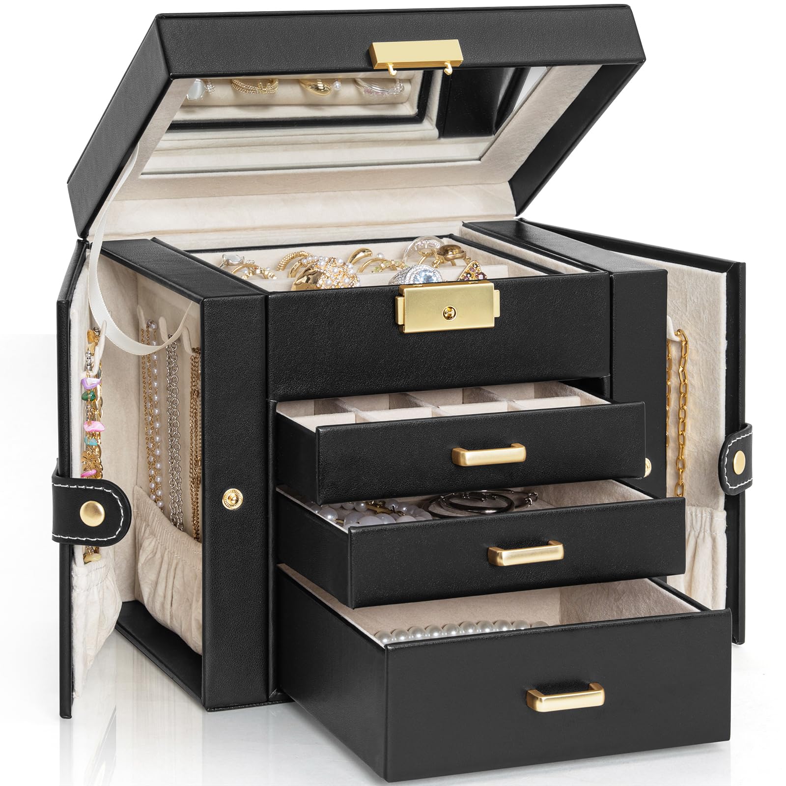 Photo 1 of AKOZLIN 4-Tier Jewelry Box Leather Jewelry Storage Organizer with 3 Drawers Lockable for Women Girls Ring Necklace Earring Bracelet Holder with Mirror Black