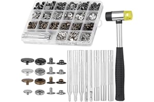 TLKKUE 120 Sets Leather Snap Fasteners Kit, 3 Sizes Metal Button Snaps Press Studs with Rubber Hammer and Full Setting Tools 3 Colors Snap Buttons for Clothes, Jackets, Jeans Wears, Bags