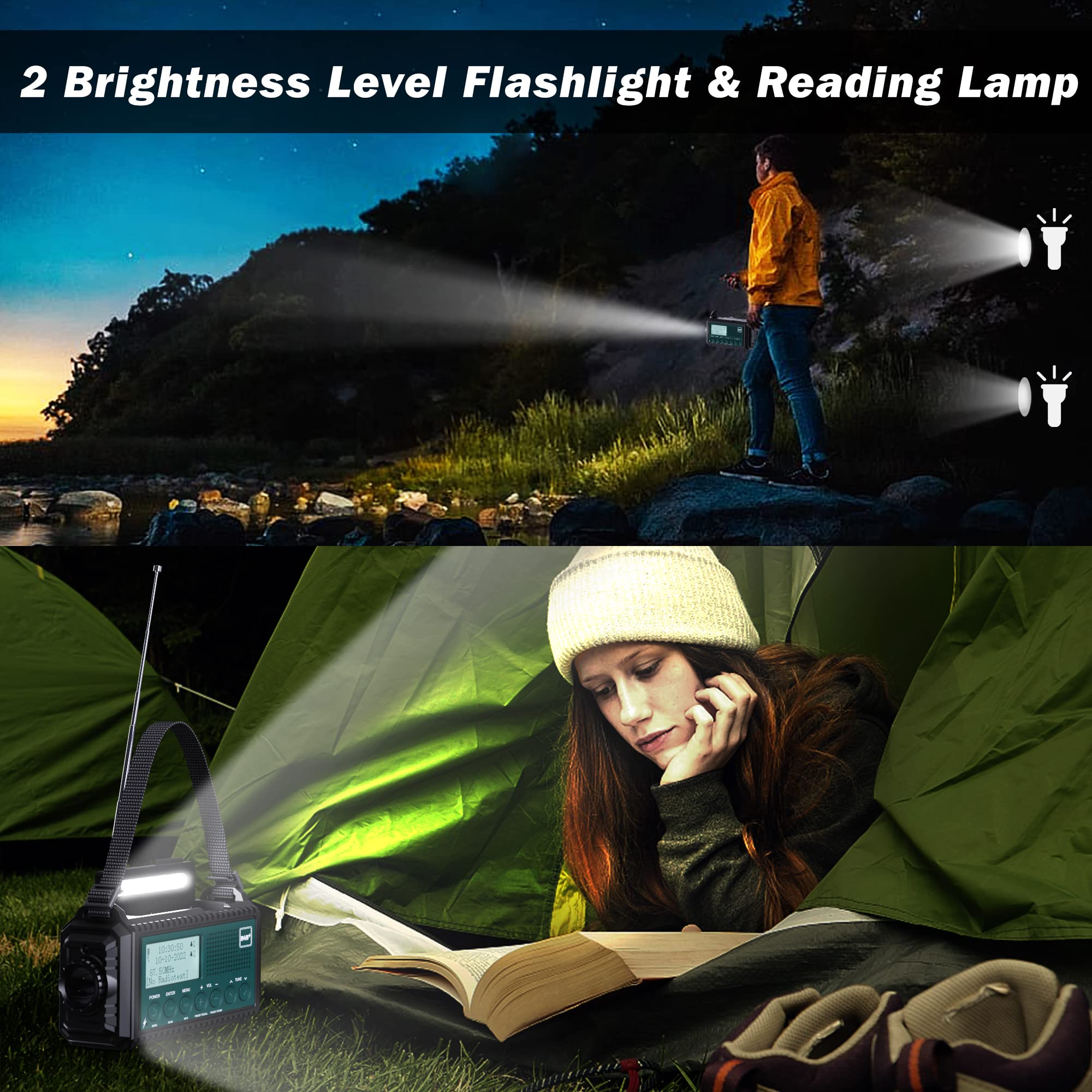 Kurbelradio DAB+/DAB/UKW mit 5000mAh Akku Wiederaufladbare, Notfallradio mit Taschenlampe & Leselicht, Tragbare Camping Radio mit USB Handyladefunktion FM Dynamo, SOS-Alarm für Wandern, Outdoor 8