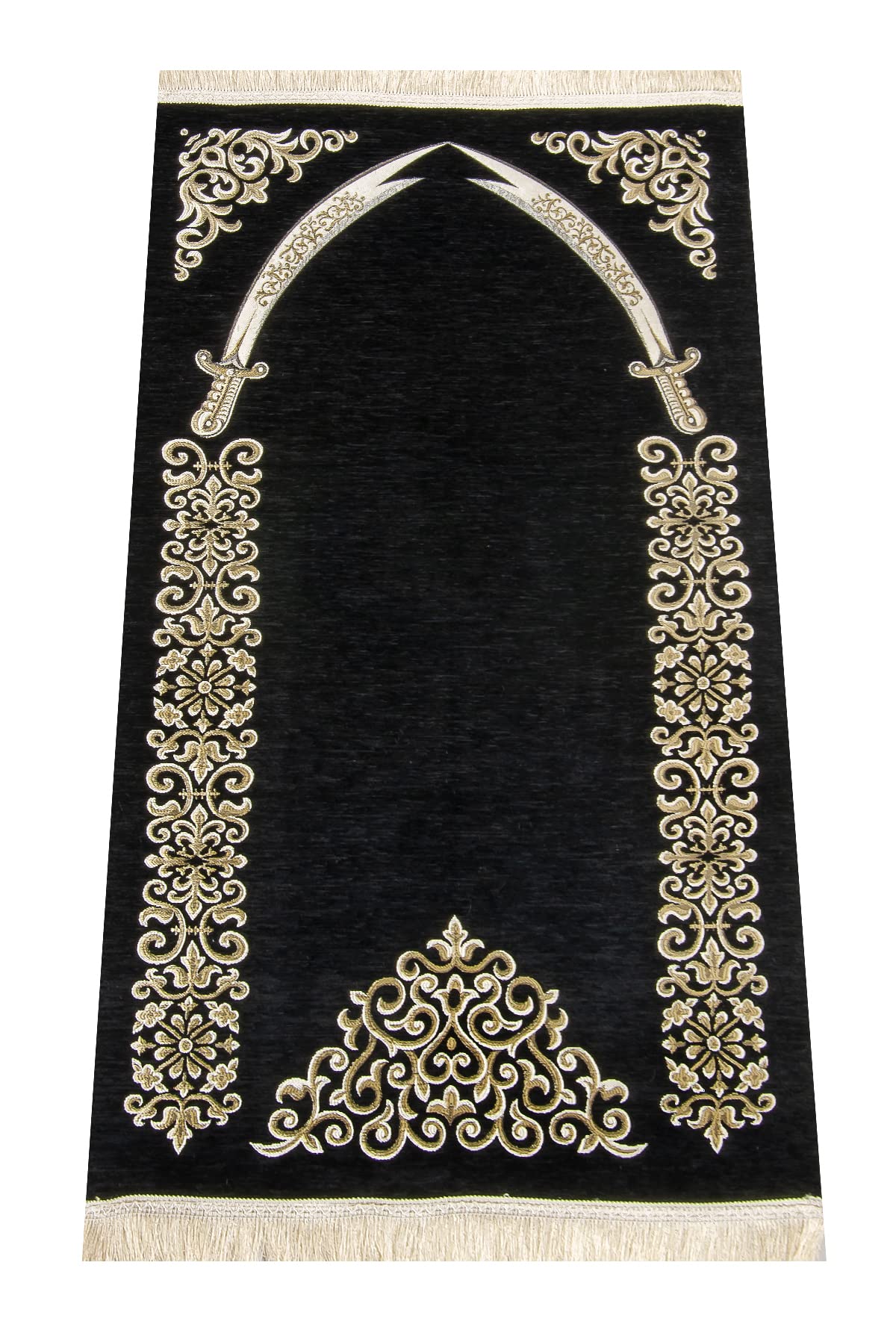 Lux Muslim Prayer Mat with Imam Ali Zulfiqar Sword Pattern | Janamaz | Sajadah | Soft Chenille Fabric Black | Islamic Gifts
