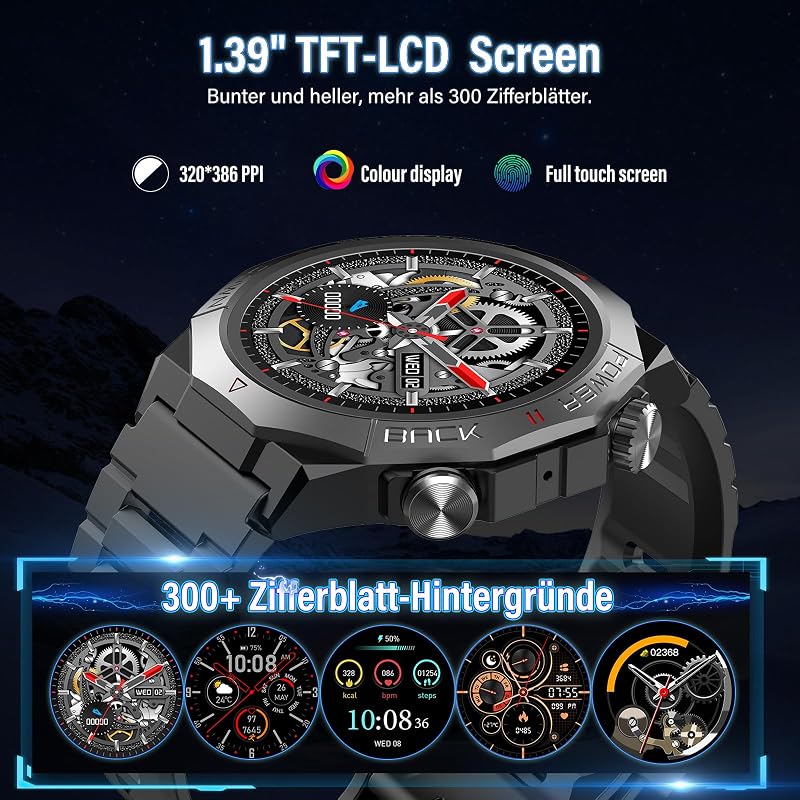 Smartwatch Herren Damen, Militär Smart Watch mit Telefonfunktion, 1,39"HD Touchscreen, IP68 Wasserdicht Sportuhr, 110+Sportmodi Fitness Tracker, Herzfrequenz, Schlafmonitor, Fitnessuhr für iOS Android — Foto 4 von 7