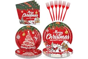 Greencian 96 Pcs Red Christmas Party Supplies Happy New Year Paper Plates and Napkins Xmas Tree Tableware Set for Winter Holiday Birthday New Year's Christmas Parties Decorations, Serves 24