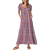 ANRABESS Women's Boho Maxi Dresses 2025 Summer Casual Floral Puff Short Sleeve Tie Front Flowy Swing Tiered Long Beach Dress