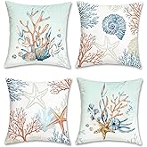 Bonhause Coastal Throw Pillow Covers 18 x 18 Inch Coral Starfish Seashell Beach Decorative Pillow Cases Ocean Blue Cushion Covers for Couch Sofa Bed Home Decor Set of 4