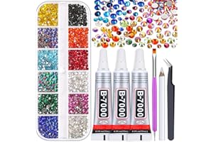 AUDAB Rhinestones Adhesive Glue for Fabric, 2100Pcs 12 Color Craft Rhinestones Flatback with B7000 Glue Adhesive, Glass Gemstones with Tweezers for Craft, Jewelry, Makeup, Cloth Shoes and Nail Art