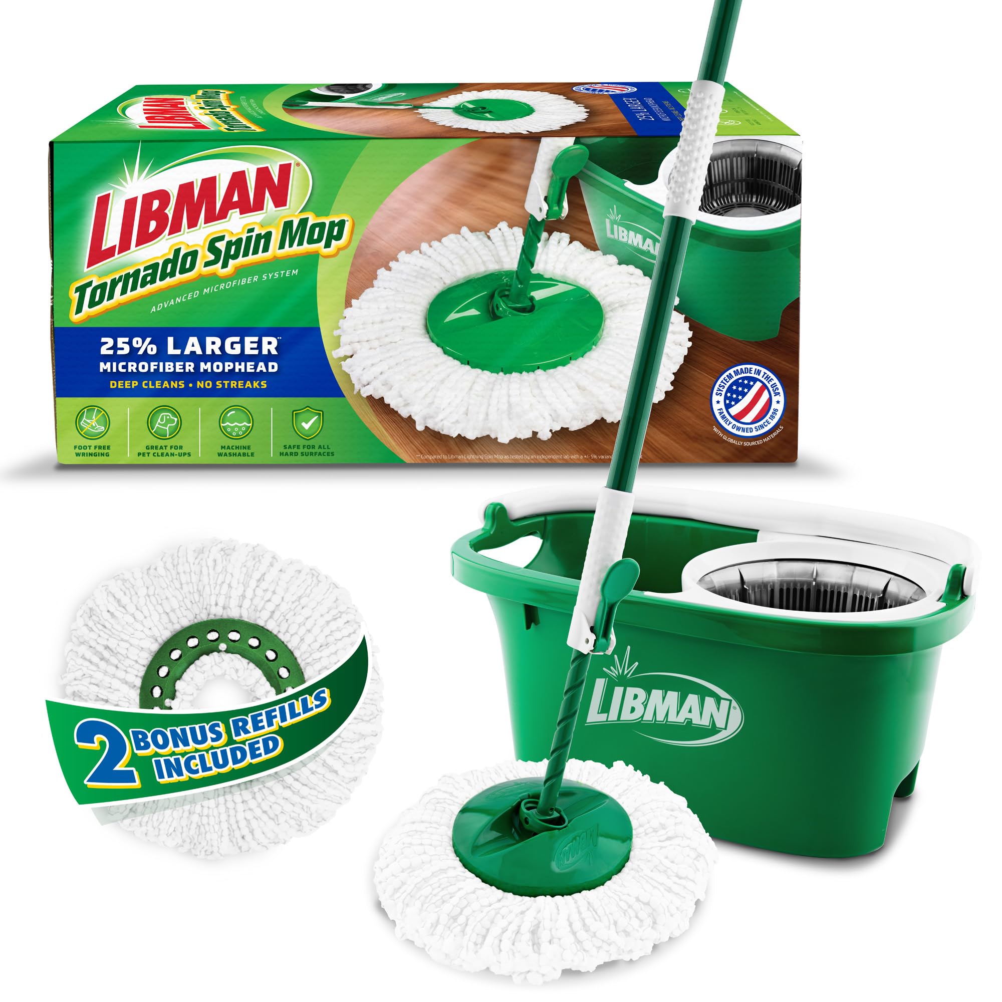 Photo 1 of ***MAJOR DAMAGE*** Libman Tornado Spin Mop System with 2 Refill Heads, Microfiber Spinning Mop and Bucket with Wringer Set for Home, Floor Cleaning of Hard-Wood, Laminate, Tile, All Surface Cleaner, 3 Total Mop Heads
**MISSING PARTS**