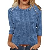 XMTOPYE Womens Sweaters Fall Fashion 3/4 Length Sleeve Tops Crew Neck Button Shirts Casual Pullover Cute Winter Clothes