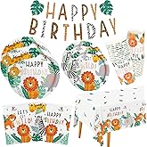Safari Birthday Party Supplies Jungle Disposable Paper Plates Napkins Cups Tablecloth and Banner for Safari Jungle Theme Birthday Decorations, Serve 25