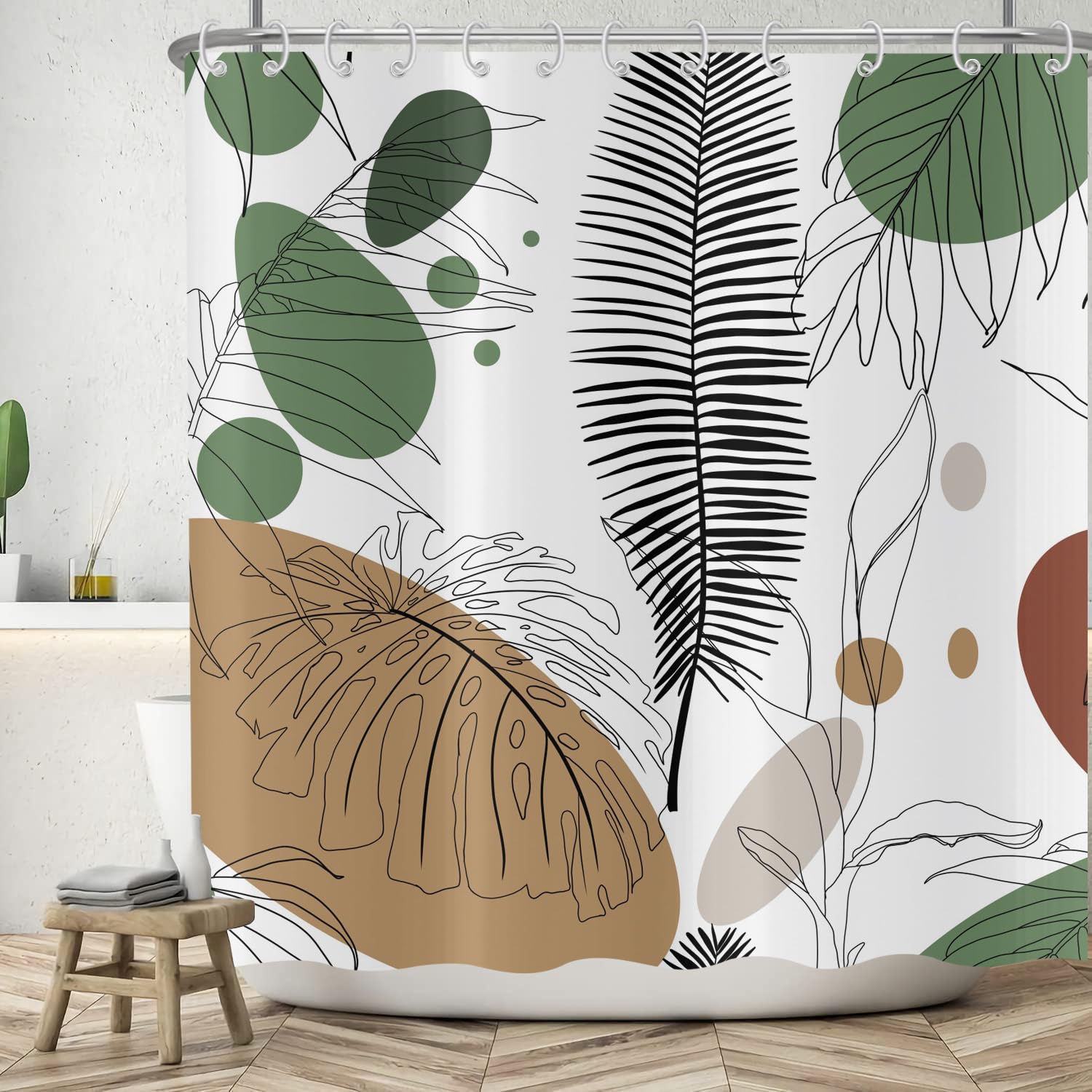 ASDCXZ Boho Leaves Shower Curtain 180x180 cm, Modern Abstract Art Boho Black Leaves Green Brown White Washable Shower Curtains Polyester Textile Waterproof Bath Curtain for Bathtub with 12 Hooks