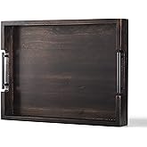 Ottoman Tray, Acacia Wood Serving Tray with Metal Handles, 16.5x12.5in Food Drinks Tray for Coffee Table, Breakfast, Dinner & Bar, Rustic Decorative Storage Tray for Ottoman, Kitchen, Packaging