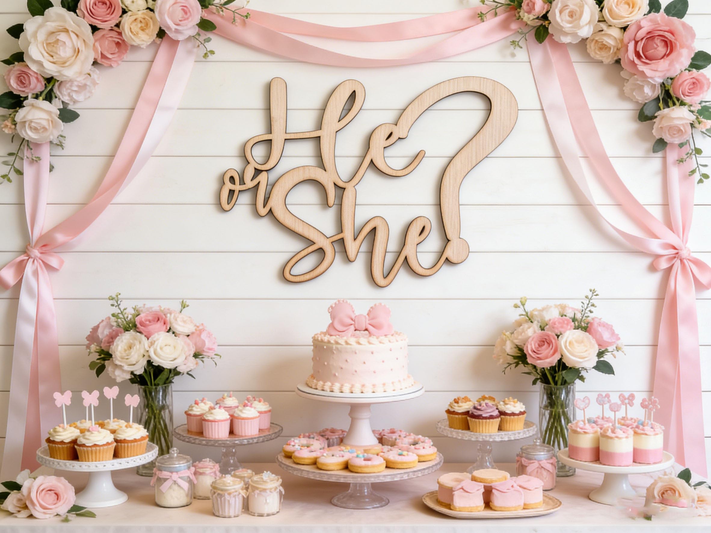 Photo 1 of 'He or She?' Gender Reveal Party Sign, Large Wooden Letter Sign for Balloon Arch Backdrop Decorations,Gender Reveal Decor for Baby Shower Sign,He or She What Will Baby Be