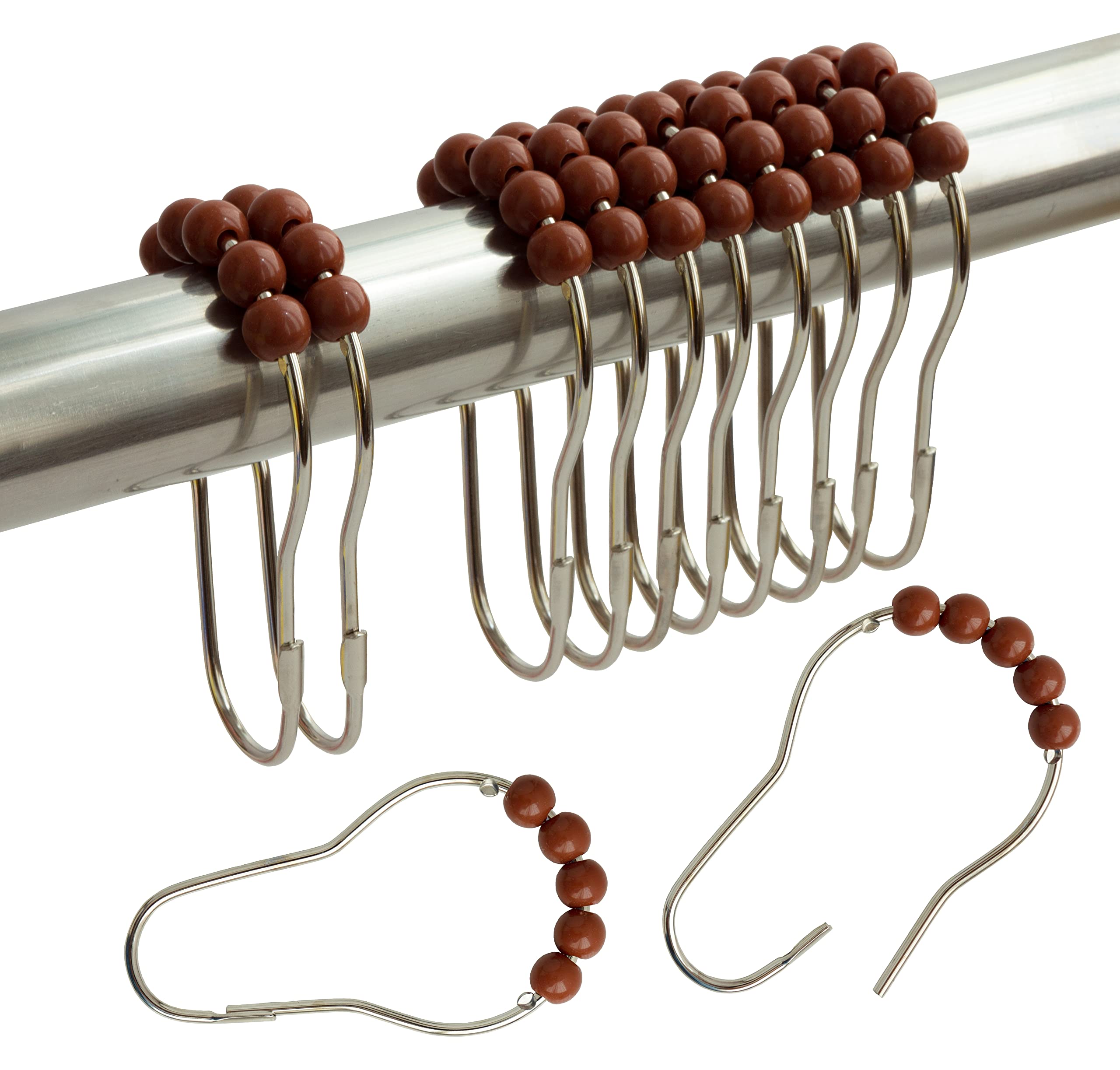Shower Curtain Hooks Rings Stainless Steel Shower Hooks Brown Acrylic roller Balls Rustproof Heavy Duty for Bathroom Curtain(Brown/12 Pcs)