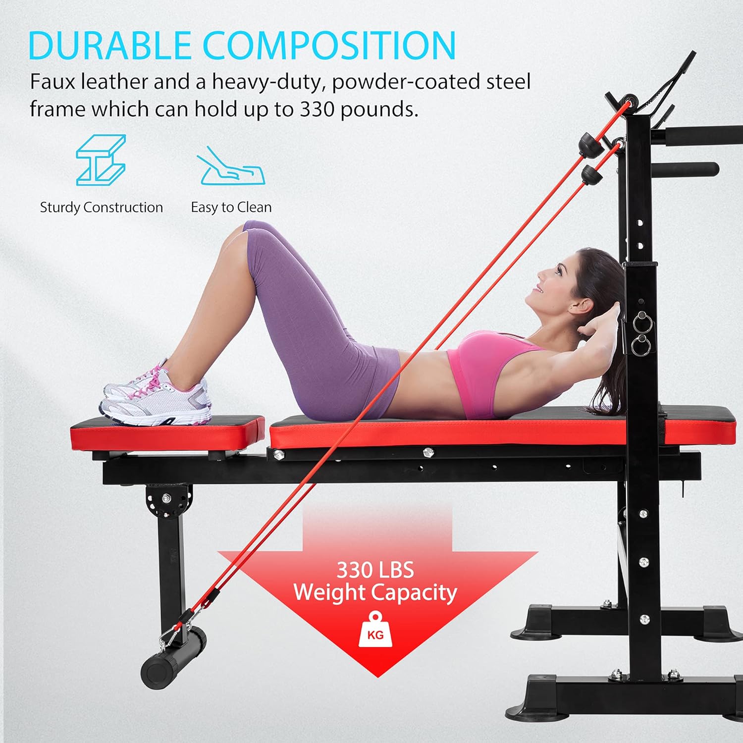 VIVOHOME Adjustable Folding Multi-Function Weight Bench with Barbell Rack Set Incline Decline Capability for Full Body Workout Home Gym Strength Training Easy Storage Black Red 330LBS: Sports & Outdoors