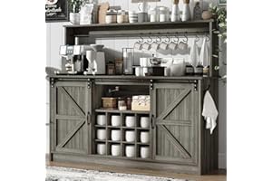 4ever2buy Farmhouse Coffee Bar Cabinet with 8 Hooks, 55” Kitchen Hutch Cabinet with Storage, Gray Coffee Bar with Sliding Barn Doors and 12 Racks for Living Dining Room, Wash Gray