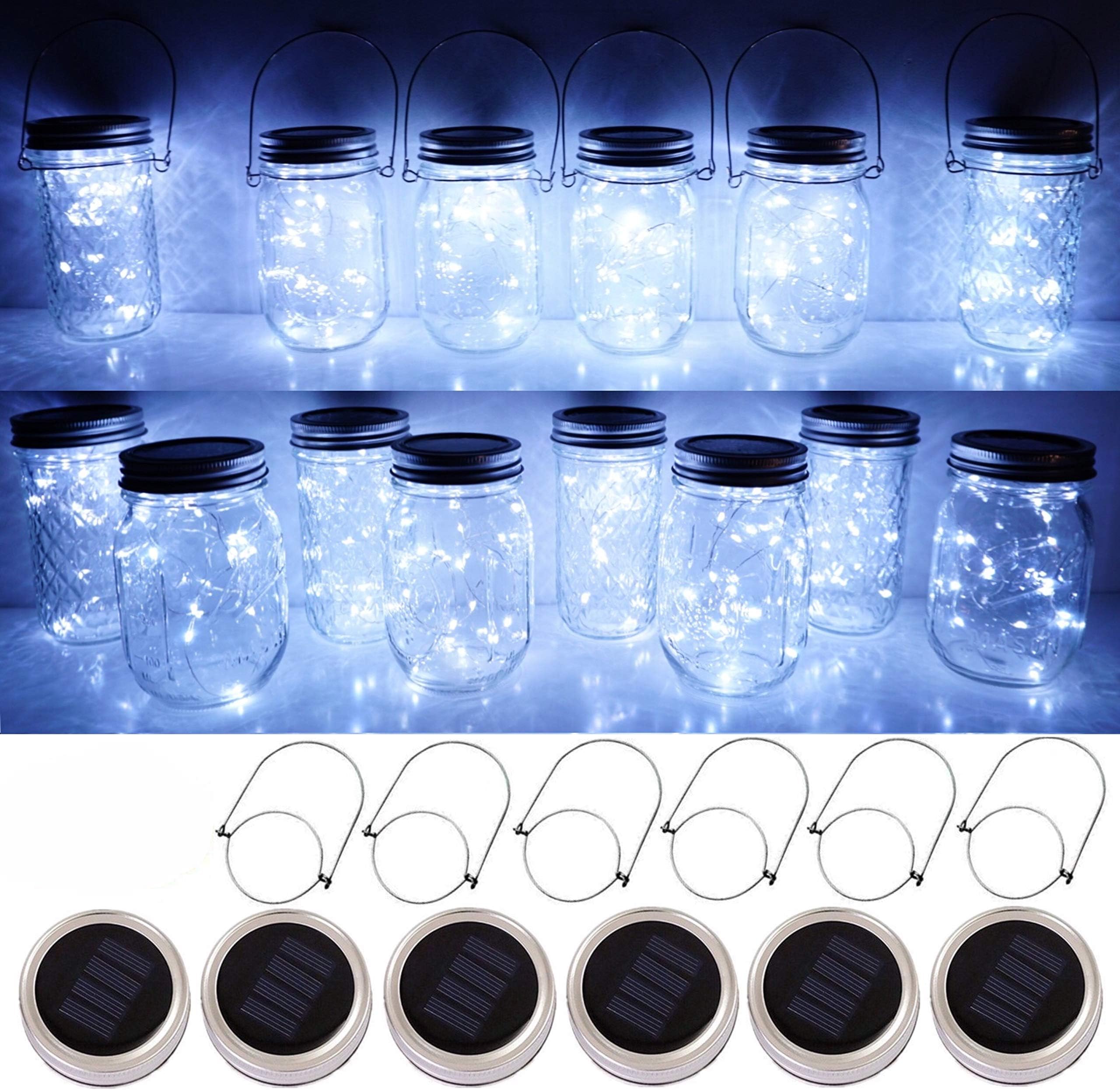 SmilingTown Mason Jar Lid Solar String Lights, Warm White 6 Pack 20 LED Waterproof Hanging Fairy Starry Lighting for Regular Mouth Jars Patio Wedding Lantern Table Decor (Cool White)