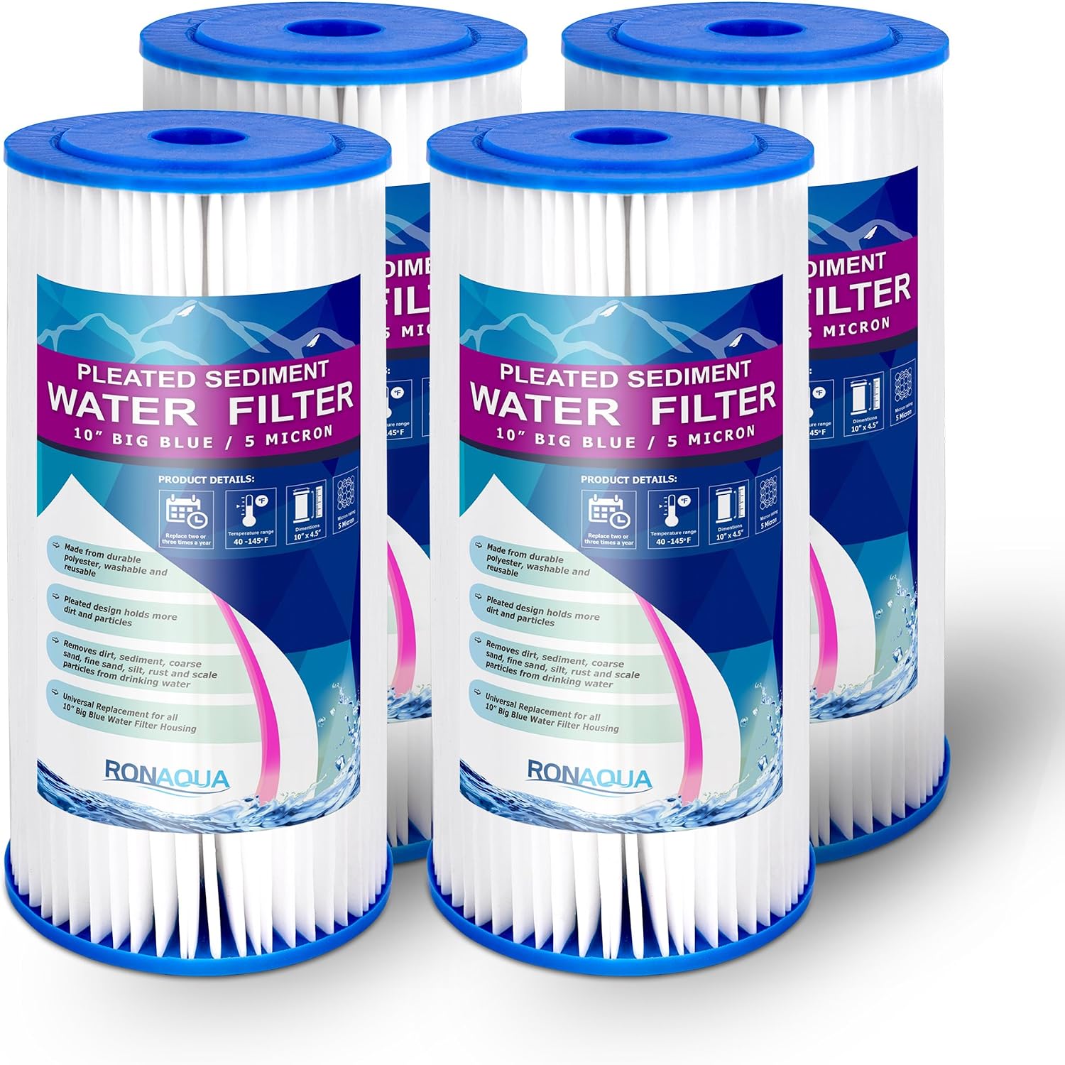 thumbnail interactive-video image 1 of Ronaqua 8-Pack Big Blue Pleated Sediment Filters 5 Micron - 20" Housing, Washable 1 of 4