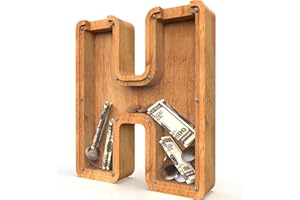SULEVALT Piggy Bank for Kids Boys Girls, Large Personalized Wooden Letter Piggy Bank with Cut-Out Design, Alphabet Letter Coin Banks, Money Savings Box, Wooden Bank for Kids Creative Gift for Real-Money(H)