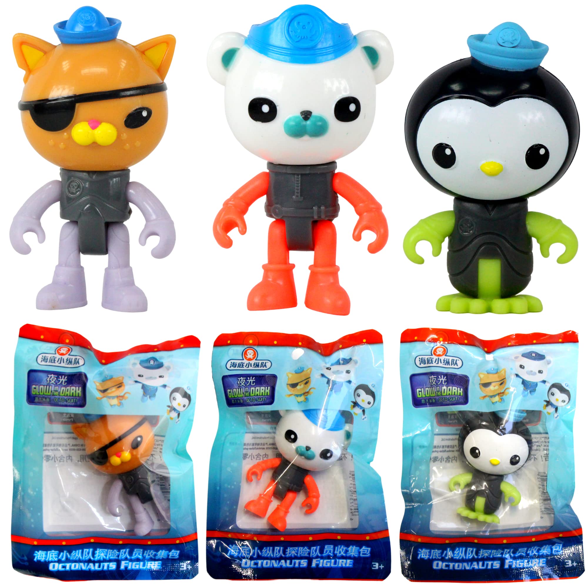 Octonauts Collectible 8cm Articulated Action Figures with Glow in Dark Octo Suits - Set of 3 - Kwazii, Captain Barnacles, & Peso