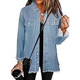 Bosmeer Women's Oversized Jean Jacket Casual Long Sleeve Denim Shirts Distressed Frayed Hem Denim Jackets Fall Outfits 2025
