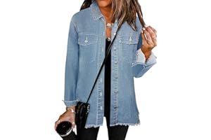 Bosmeer Women's Oversized Jean Jacket Casual Long Sleeve Denim Shirts Distressed Frayed Hem Denim Jackets Fall Outfits 2025