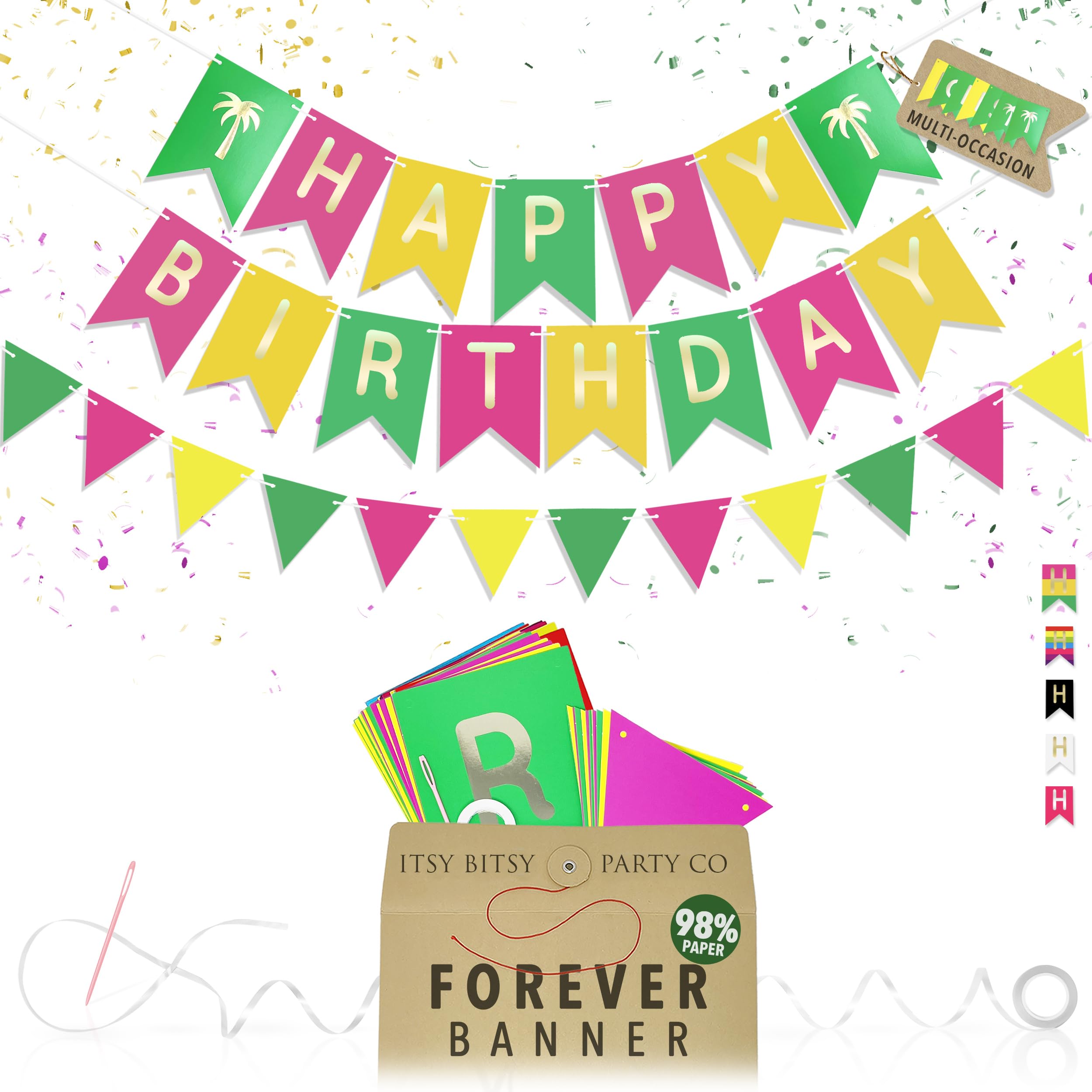 Premium Reusable Birthday Decorations - Multi-occasion Hawaiian Happy Birthday Banner & Bunting, Also spells Aloha, Party Day, Happy Easter & more - Summer Party Decorations for Girls Women Boys Men