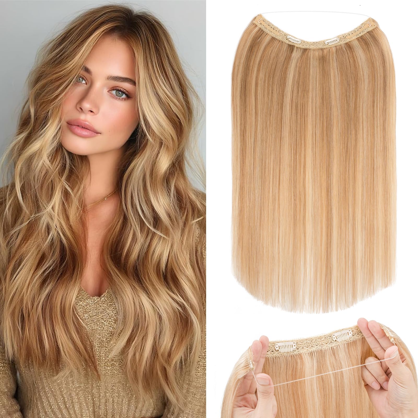 Rich Choices Halo Hair Extension 20 Inch Human Hair Extensions Clip in Invisible Wire Hair Blonde Straight Remy Human Hair Halo Seamless One Piece Clip in, 70g Blonde — image 1