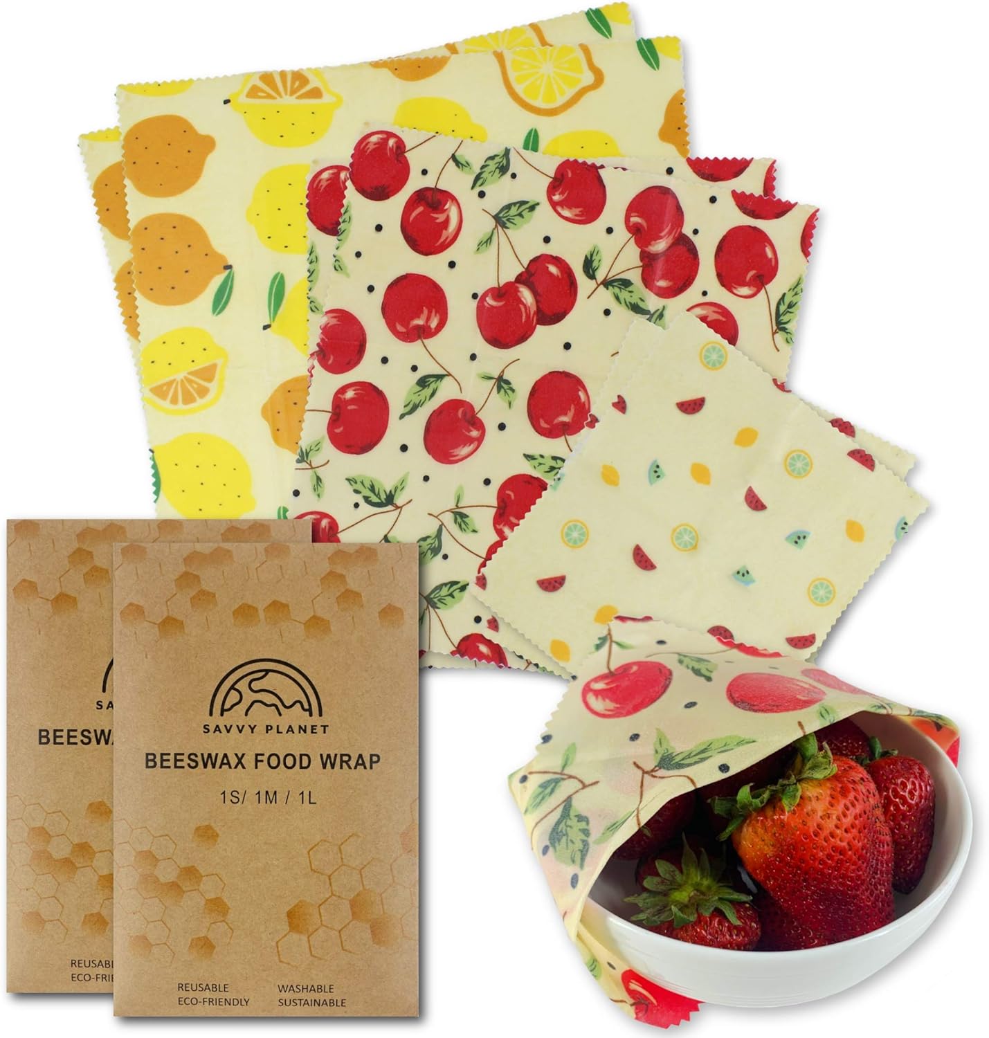 SAVVY PLANET Beeswax Wrap Organic Reusable Food Wraps | Food Storage | All Natural Zero Waste | 3 Sizes Premium Plastic Free Non Toxic Sustainable (2 Pack)