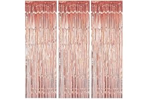 Fecedy 3pcs 3.2ft x 6.6ft Rose Gold Metallic Tinsel Foil Fringe Curtains Photo Booth Props for Birthday Wedding Engagement Br
