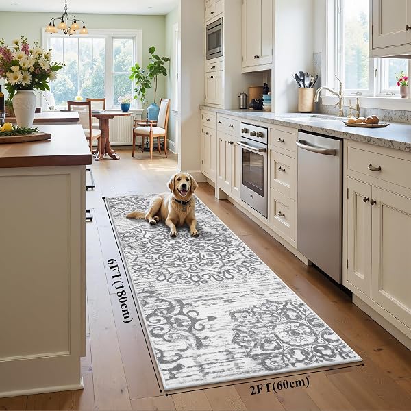 HEBE HALLWAY RUNNER RUG 2’X6′ WASHABLE VINTAGE KITCHEN RUGS NON SLIP LAUNDRY RUG RUNNER DISTRESSED BOHO FLOOR CARPET RUNNERS FOR HALLWAYS ENTRYWAY LAUNDRY ROOM KITCHEN BATHROOM