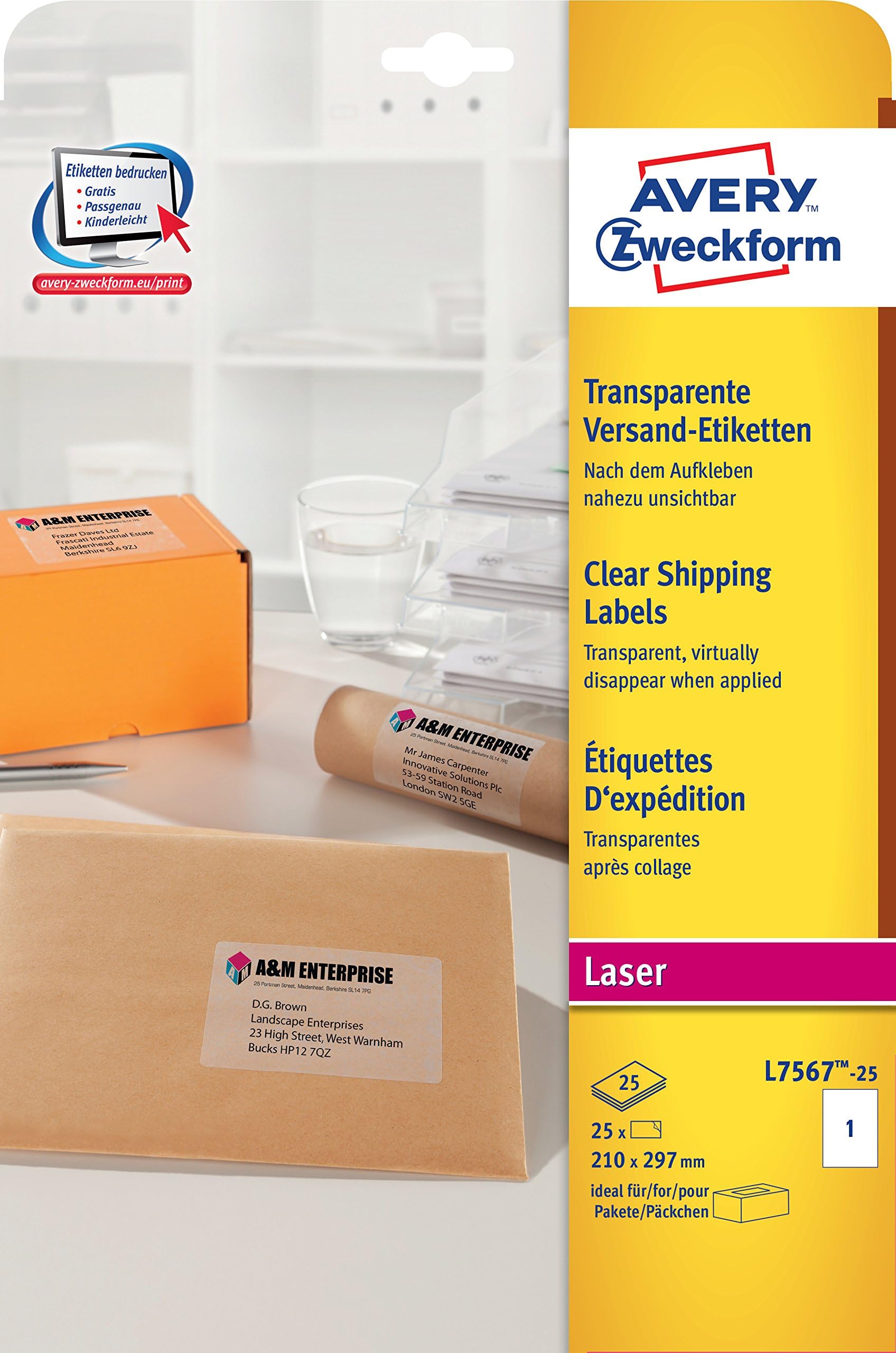 AVERY Zweckform25 Sheets 210 x 297 mm A4 Printable Self-Adhesive Shipping Labels for Parcels, Parcels and Tubes L7567-25