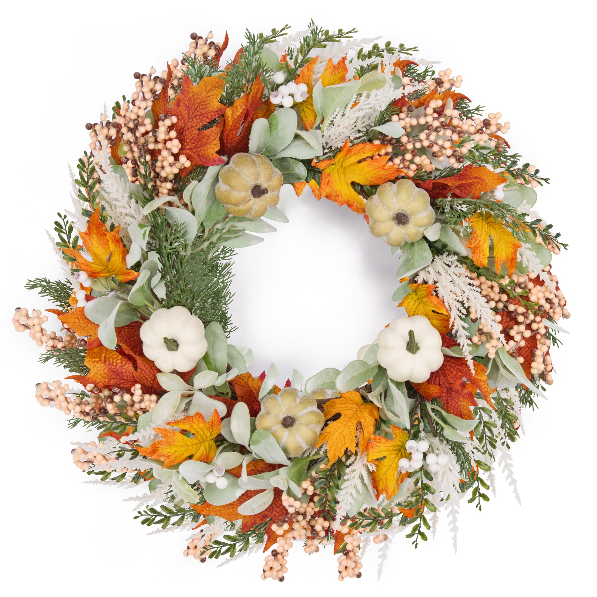 Photo 1 of GENMOUS 24inch Fall Wreaths for Front Door, Maple Leaves Autumn Wreath Eucalyptus Berries Pumpkins Lamb Ears Leaves, Porch Wall, Home Outdoor Indoor Thanksgiving Halloween Harvest Holiday Fall Decor