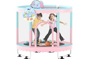 HOEE Trampoline for Kids 60''/48'' Toddler Trampoline, Outdoor Indoor Recreational Trampolines with Enclosure Net, Swing, Adjustable Gymnastics Bars, Basketball Hoop, Dartboard, Gifts for Boys & Girls