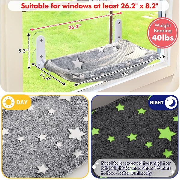 ZORATOO 2PC CAT WINDOW PERCH, GLOW IN THE DARK CORDLESS FOLDABLE PET HAMMOCK BED FOR WINDOW WITH STURDY METAL FRAME, GLOWING STARS PATTERN RESTING SEAT FOR INDOOR CATS (2PC STARS – L)