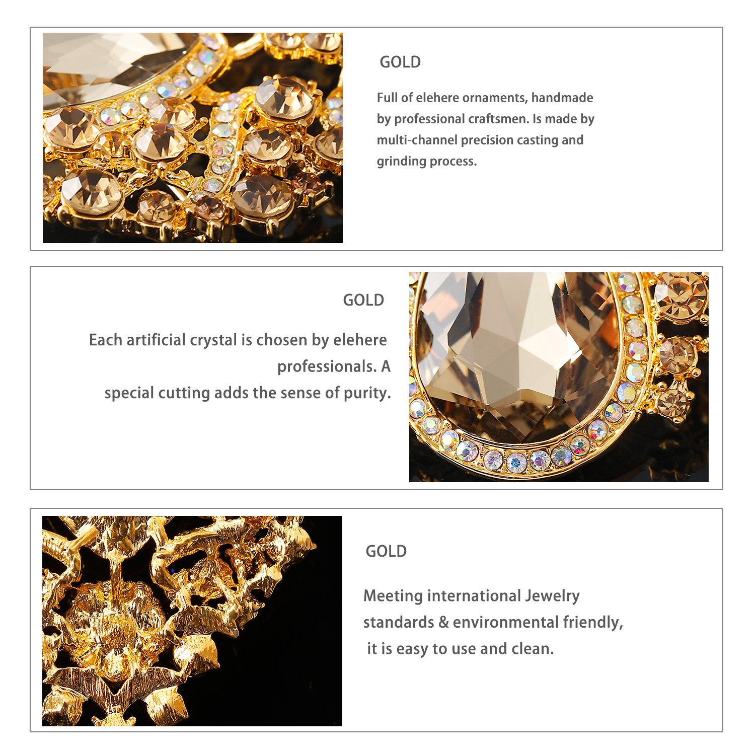 Elehere Crystal Brooch Pin - Large Wedding Dangling Rhinestone Brooch Bouquet DIY, Ceremony Decoration (Champagne Gold)