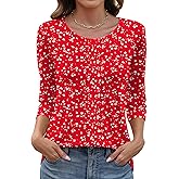 LOMON 3/4 Length Sleeve Womens Tops Casual Crewneck Spring Summer Pleated Tunic Tops Beach Vacation T Shirts