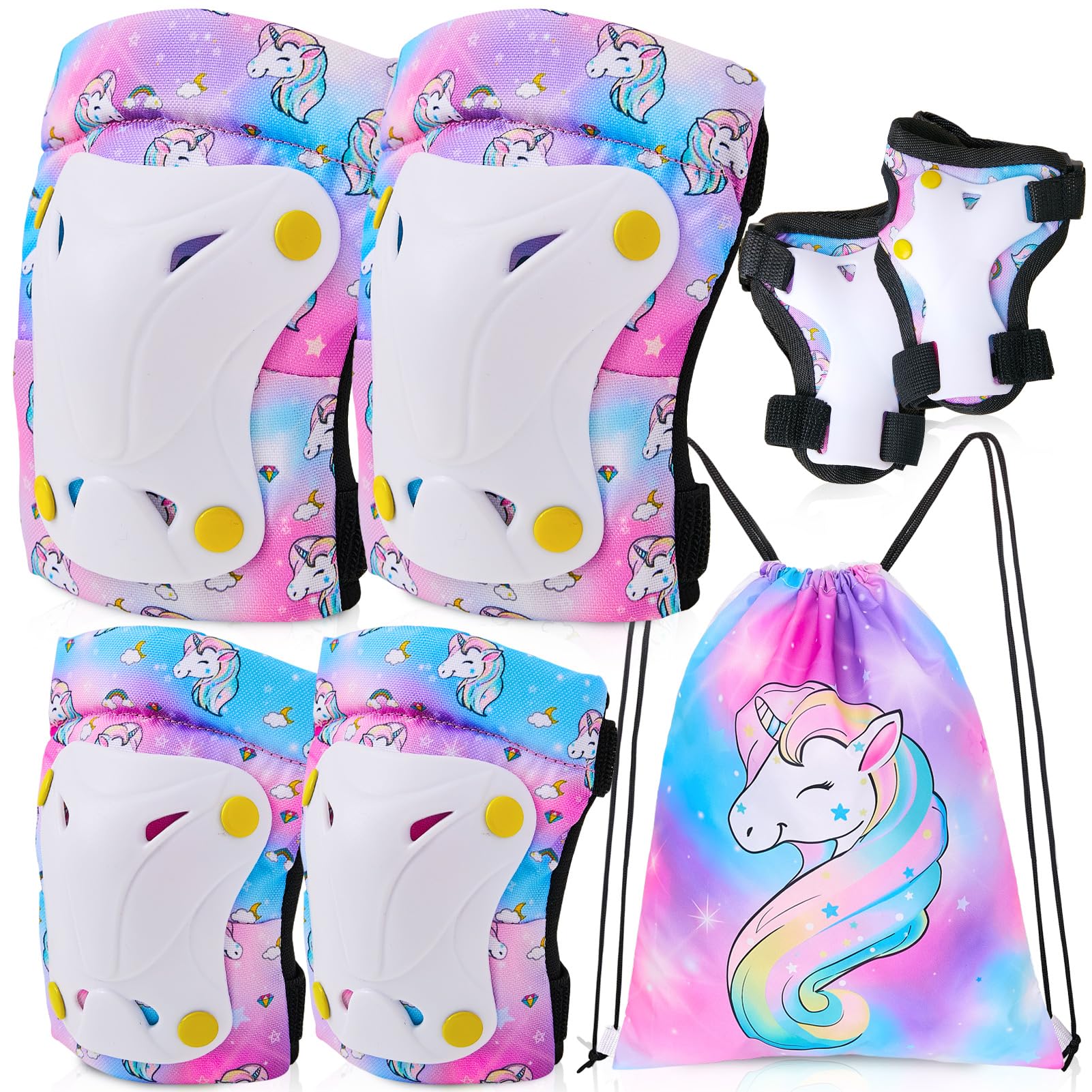 Unicorn Knee and Elbow Pads for Kids Girls 6 in 1 Adjustable Protective Gear Set with Drawstring Bag, 3-8yrs