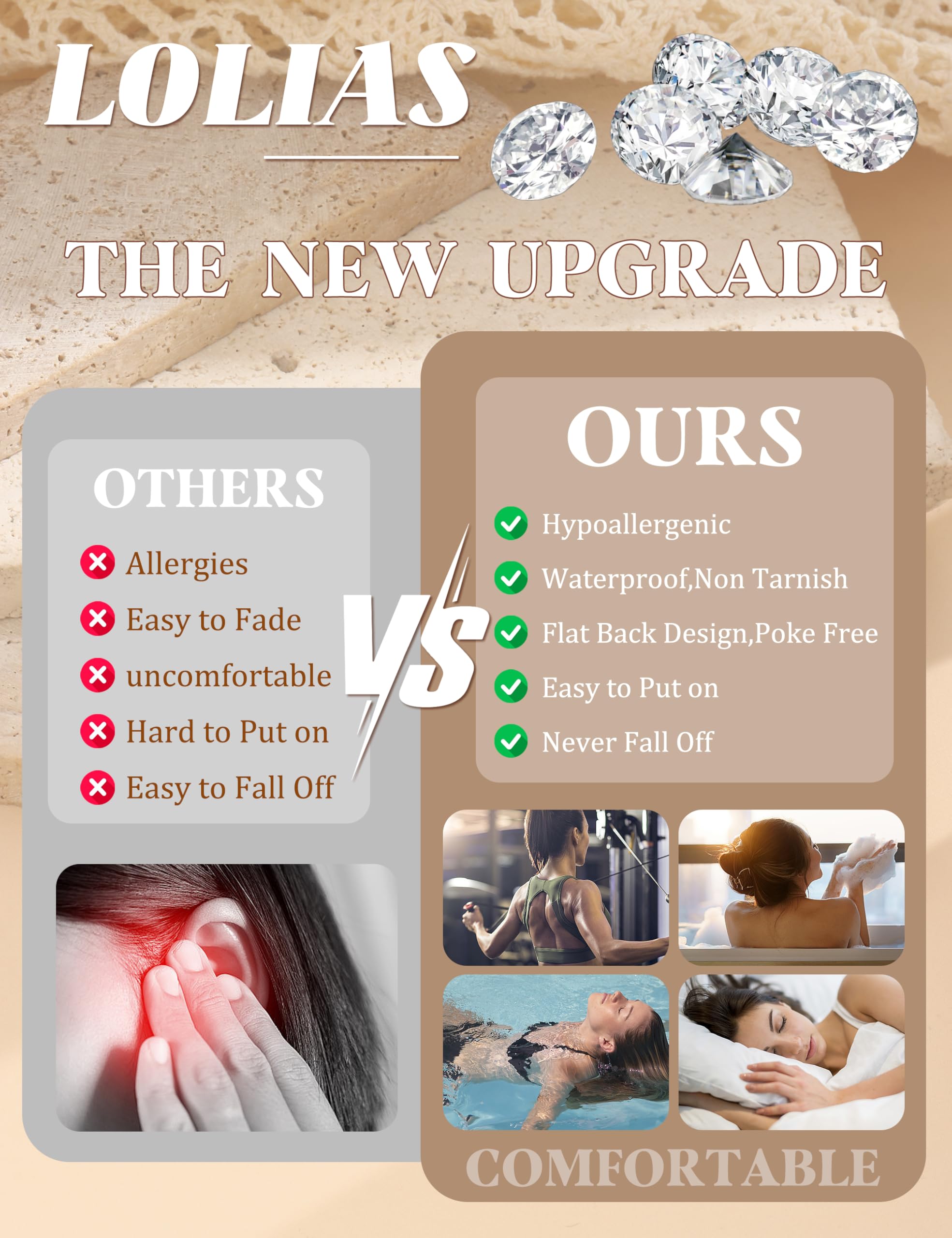 LOLIAS Flat Back Earrings for Women Hypoallergenic Surgical Steel Earrings for Sensitive Ears-20G Cartilage Earring Stacks 14K Gold Plated Hoops Flatback Stud Earring Sets for Multiple Piercing