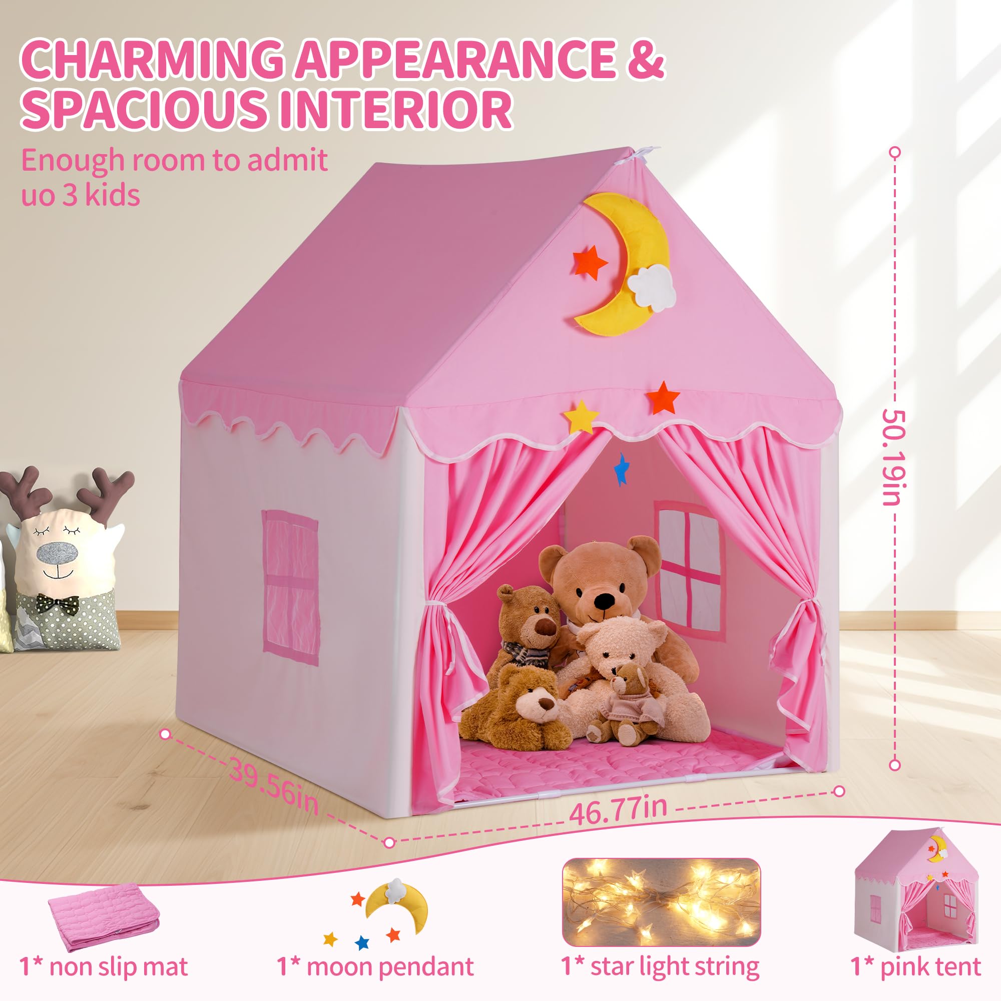 Kids Tent with Mat, Toddler Playhouse Girls Princess Castle Play Tent with Star Lights Toys for Children Indoor and Outdoor Games (Pink)