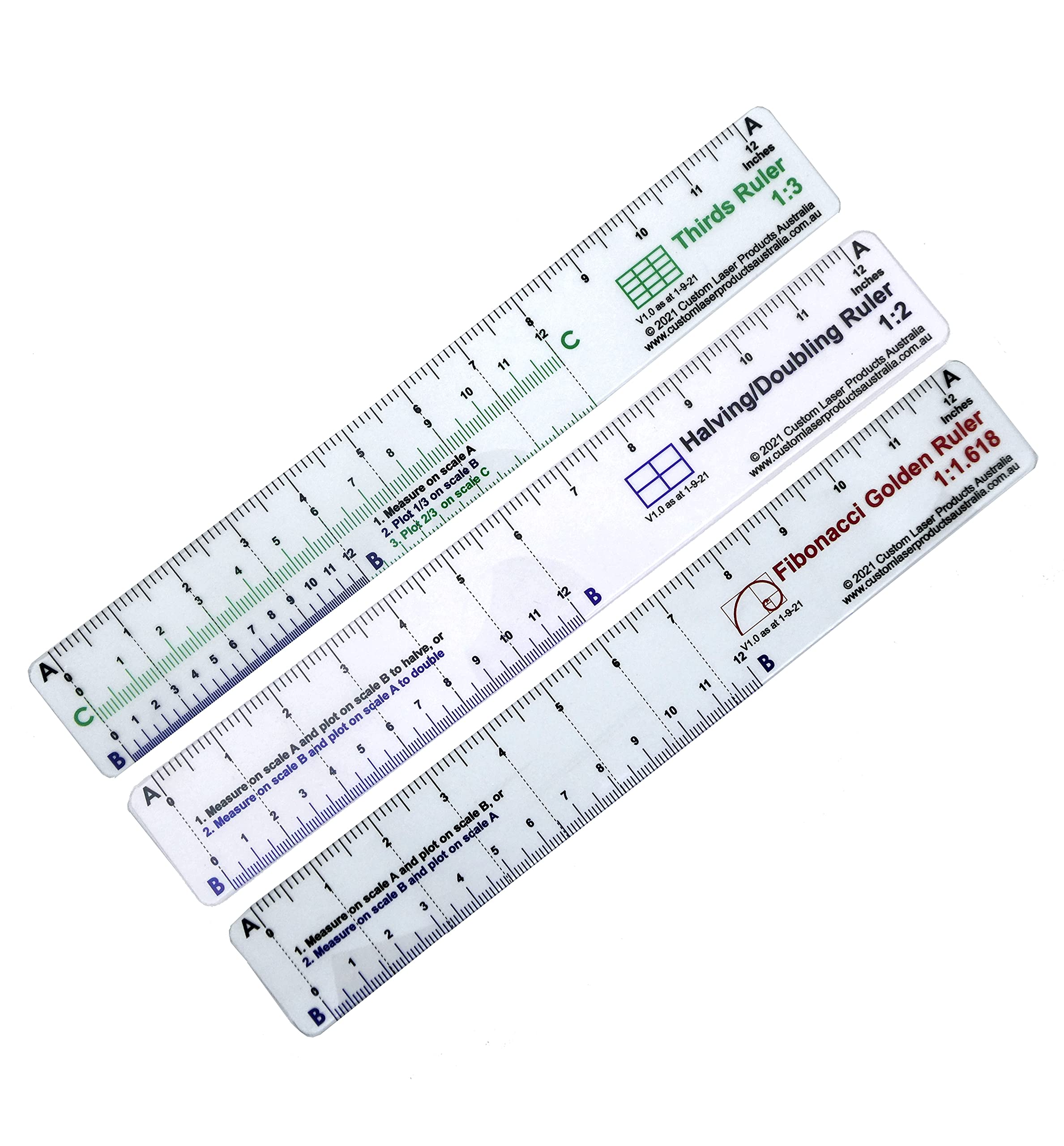 No-Math Ruler Set — Three 12" Flexible Clear PETG Rulers — Fibonacci, Halving and Doubling and Rule of Thirds — Drawing and Drafting — Made in Australia