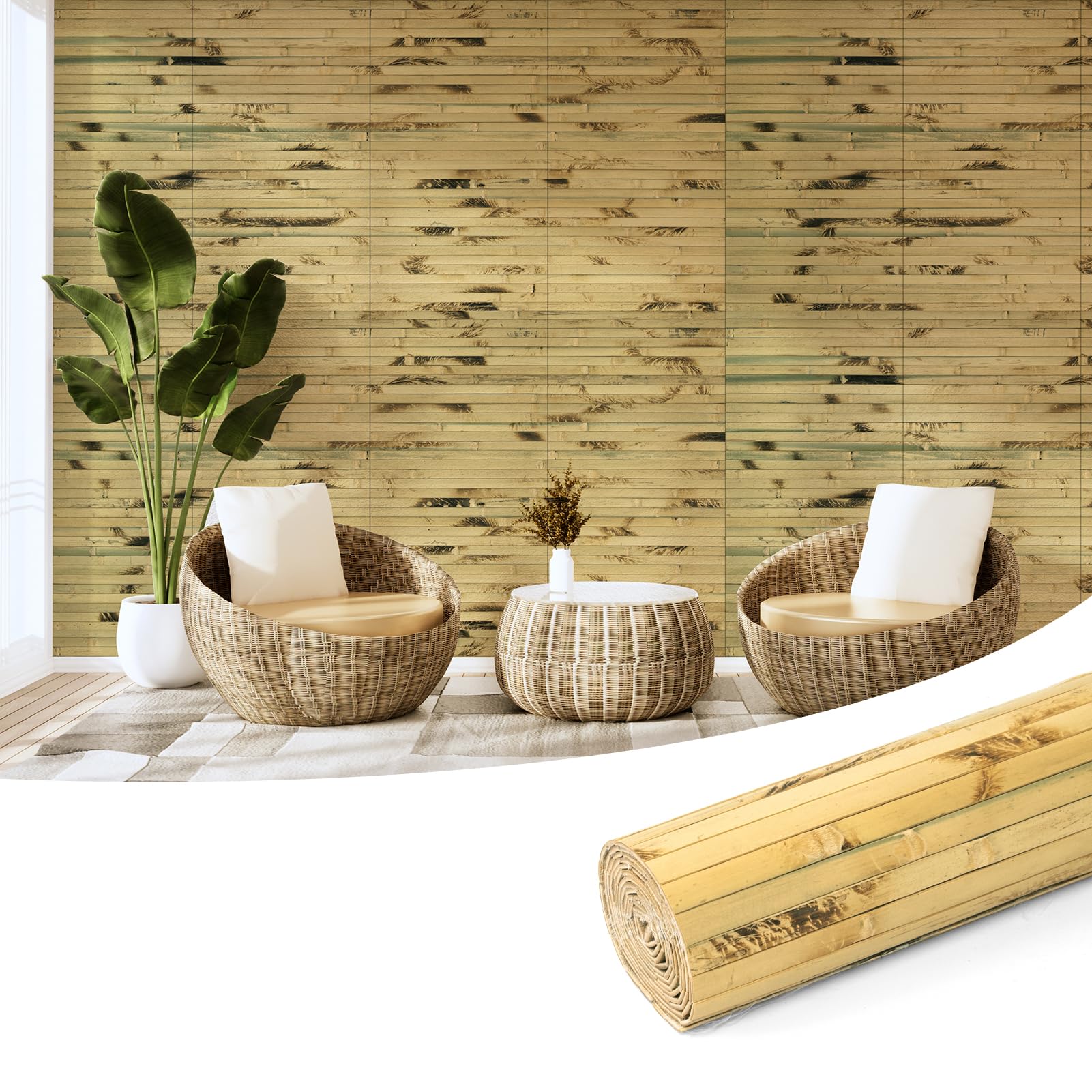Photo 1 of Art3d Natural Bamboo Wall Panel for Interior Wall Decor, Renewable Pole Wrap Wainscoting Paneling for Wall Ceiling Furniture Cabinet Office, 12 x 96 Inch - Light Burned