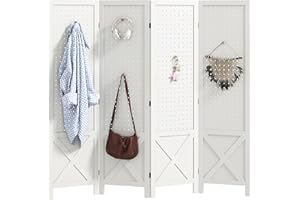 HOMCOM 4 Panel Room Divider, 4.7 FT Tall Wood Folding Privacy Screen with Pegboard Display, Partition Wall Divider for Home O