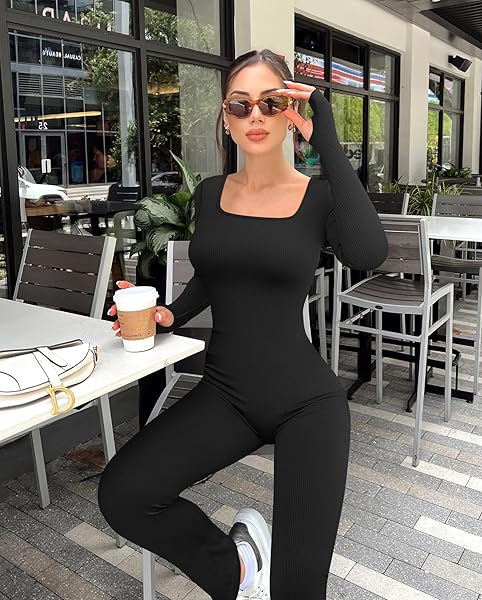 OQQ WOMEN YOGA JUMPSUITS RIBBED SQUARE NECK LONG SLEEVE BELL BOTTOMS FLARE JUMPSUITS BLACK